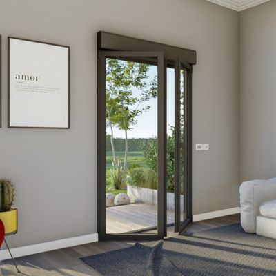 Porte fenêtre alu 2 vantaux + volet roulant électrique GoodHome gris - l.140 x h.215 cm, tirant droit