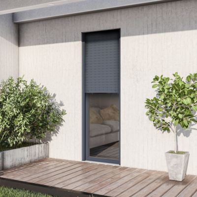 Porte fenêtre aluminium 1 vantail + volet roulant électrique GoodHome gris - l.80 x h.215 cm, tirant droit