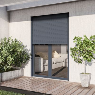 Porte fenêtre aluminium 2 vantaux + volet roulant électrique GoodHome gris - l.120 x h.215 cm, tirant droit