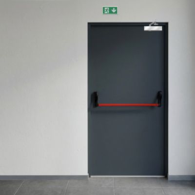 Porte issue de secours en acier 1 vantail FOXIS - Gris RAL 7016 - 215x100 cm - huisserie Z pose tunnel affleurant - poussant droit