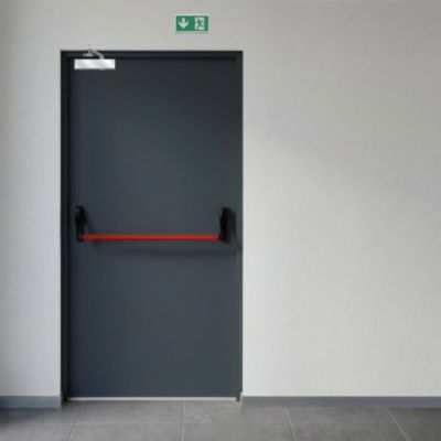 Porte issue de secours en acier 1 vantail FOXIS - Gris RAL 7016 - 215x100 cm - huisserie Z pose tunnel affleurant - poussant gauch