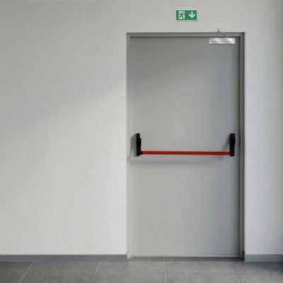 Porte issue de secours en acier 1 vantail FOXIS - Gris RAL 7035 - 215x100 cm - huisserie Z pose tunnel affleurant - poussant droit