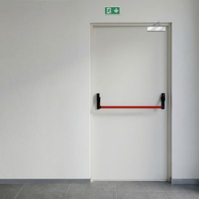 Porte issue de secours en acier 1 vantail MAXIS - blanc RAL 9010 - 215x110 cm - huisserie Z pose tunnel affleurant - réversible