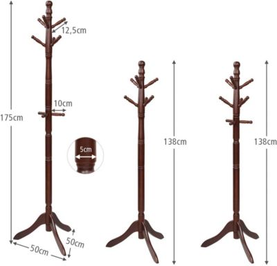 Porte manteau en Bois dHévéa avec 9 Crochets Pratiques et Base de Trépied Stable Assemblage Facile pour Entrée Chambre Brun