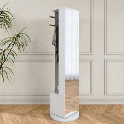 Porte-manteau pivotant à 360 avec miroir sur pied/miroir pleine longueur, armoire à bijoux, porte-manteau et 2 tiroirs, Blanc