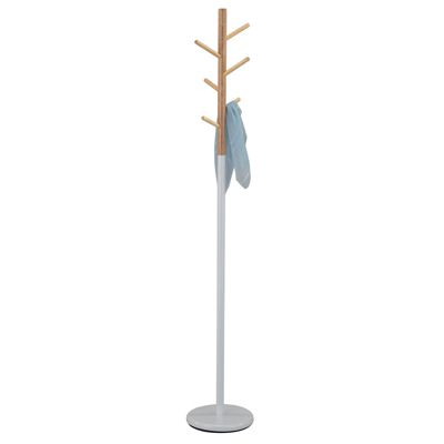 Porte-manteaux ENRICO portant à vêtements sur pied en forme d'arbre avec 6 crochets, en métal laqué blanc et bois