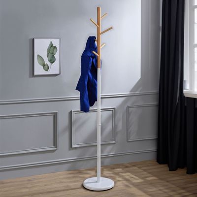 Porte-manteaux ENRICO portant à vêtements sur pied en forme d'arbre avec 6 crochets, en métal laqué blanc et bois