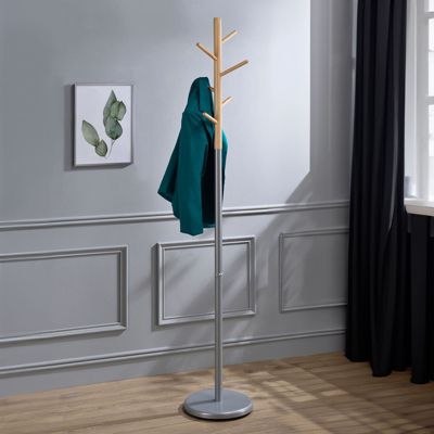 Porte-manteaux ENRICO portant à vêtements sur pied en forme d'arbre avec 6 crochets, en métal laqué gris et bois