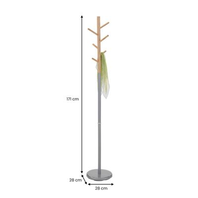 Porte-manteaux ENRICO portant à vêtements sur pied en forme d'arbre avec 6 crochets, en métal laqué gris et bois