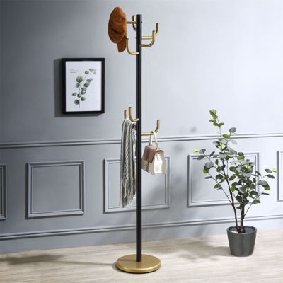 Porte-manteaux MILA portant pour vêtements sur pied hauteur 174 cm et 8 crochets, meuble d'entrée en métal laqué noir et or