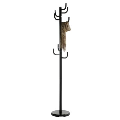 Porte-manteaux MILA portant pour vêtements sur pied hauteur 174 cm socle rond et 8 crochets, meuble d'entrée en métal laqué noir