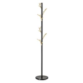 Porte-manteaux ZENO portant à vêtements sur pied en forme d'arbre, 6 crochets sur différentes hauteurs, en métal laqué noir/doré