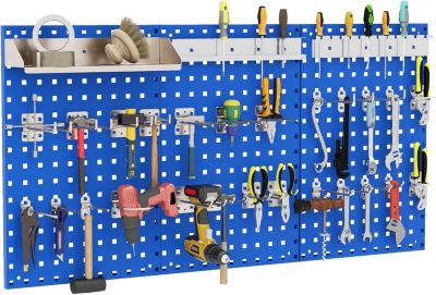 Porte outils Mural en Métal à Trous Carrés 3 Panneaux Perforés Muraux avec 25 Crochets Bleu