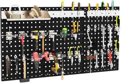 Porte outils Mural en Métal à Trous Carrés 3 Panneaux Perforés Muraux avec 25 Crochets Noir