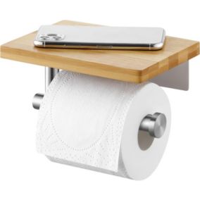 Porte-Papier Toilette (Brossé)avec étagère en Bambou Support Mural pour Papier Toilette pour Salle de Bain Acier Inoxydable
