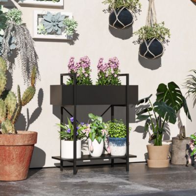 Porte-plantes 2 niveaux 60 cm en métal noir avec étagère et trous de drainage