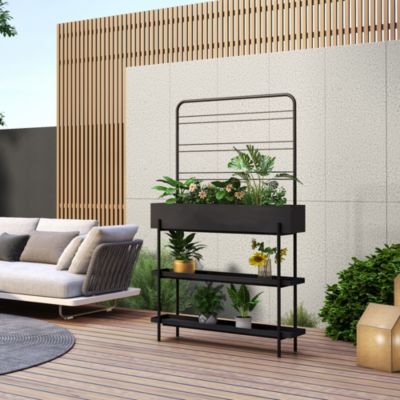 Porte-plantes surélevé Jaalsmeer avec étagère 154 x 96 x 24 cm noir casa.pro