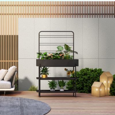 Porte-plantes surélevé Jaalsmeer avec étagère 154 x 96 x 24 cm noir casa.pro