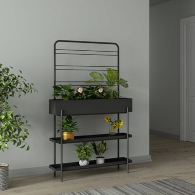 Porte-plantes surélevé Jaalsmeer avec étagère 154 x 96 x 24 cm noir casa.pro
