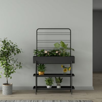 Porte-plantes surélevé Jaalsmeer avec étagère 154 x 96 x 24 cm noir casa.pro