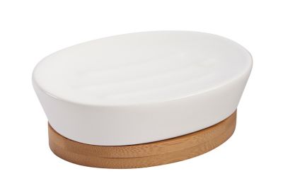 Porte savon en bambou et céramique coloris blanc l.13,7 x P.10 x H.4,5 cm, GoodHome Cervia