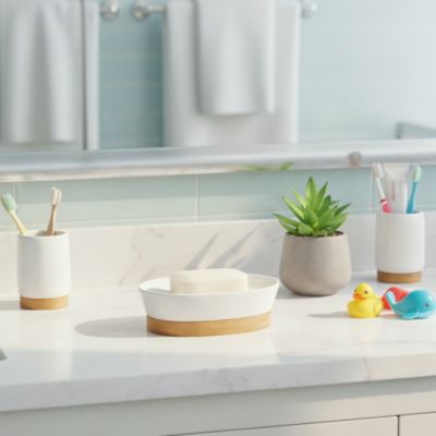 Porte savon en bambou et céramique coloris blanc l.13,7 x P.10 x H.4,5 cm, GoodHome Cervia