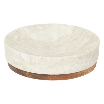 Porte savon en polyrésine effet travertin et acacia Ø10,8 x H.2,85 cm, 5five Simply Smart Côme