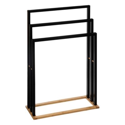 Porte-Serviettes Bambou 3 Barres Décalées Relaxdays - Design Nature & Noir, 82x55x24 Cm, Sans Fixation, Salle De Bain & Toilettes