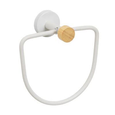 Porte-serviette mural porte serviette en métal blanc et bambou pour salle de bain-Longueur 17 x Largeur 9 x Hauteur 18 cm