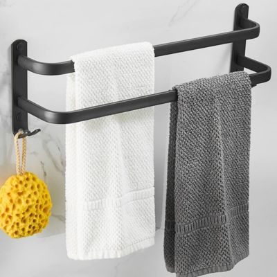 Porte Serviette Murale,Porte Serviette Salle de Bain,Porte-Serviettes Adhésif Noir Mat,  (40cm, Double Bars)