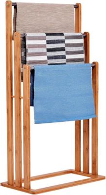 Porte Serviette sur Pied avec 3 Barres Support de Serviettes en Bambou Hauteur Differente et Stable pour Salle de Bain