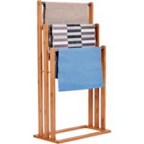 Porte Serviette sur Pied avec 3 Barres Support de Serviettes en Bambou Hauteur Differente et Stable pour Salle de Bain