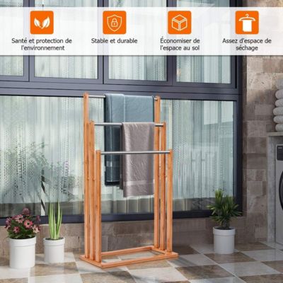 Porte Serviette sur Pied avec 3 Barres Support de Serviettes en Bambou Hauteur Differente et Stable pour Salle de Bain