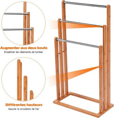 Porte Serviette sur Pied avec 3 Barres Support de Serviettes en Bambou Hauteur Differente et Stable pour Salle de Bain