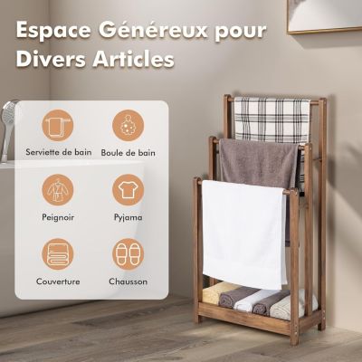 Porte Serviettes Autoportant sur Pied en Bois avec 3 Barres Individuelles et Étagère Surélevée