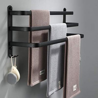 Porte-serviettes de salle de bain, barre de douche adhésive murale noire (60 cm, trois barres)