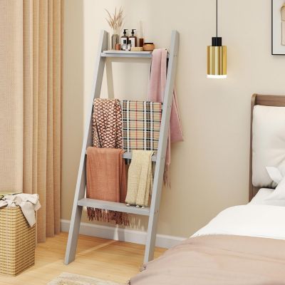 Porte-Serviettes Multifonctionnel en Bois à 4 Niveaux,en Forme d'Échelle pour Serviettes, Couvertures, Support Décorative (Gris)