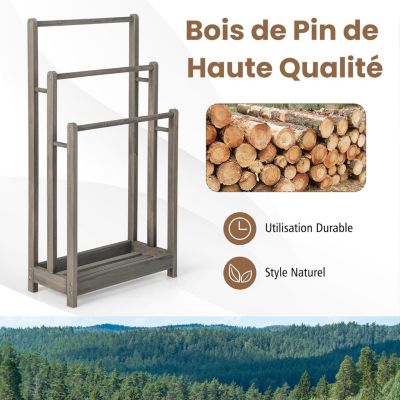 Porte Serviettes sur Pied en Bois Massif Porte-Serviettes avec 3 Barres Hauteur Différente Gris