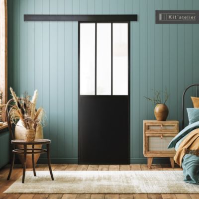 Porte seule 3 carreaux vitrés opaques, coloris noir mat H.204 x l.83cm
