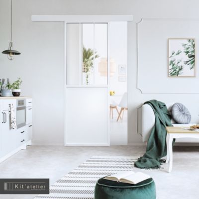 Porte seule 3 carreaux vitrés transparents, coloris blanc H.204 x l.83cm
