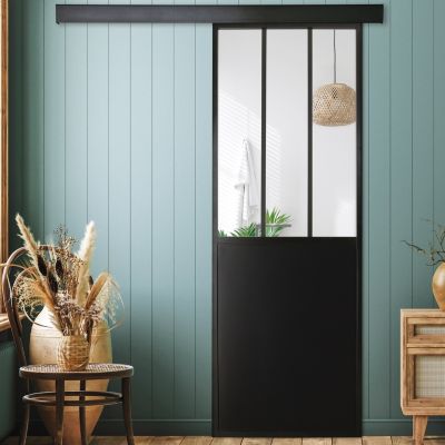 Porte seule en aluminium 3 carreaux vitrés transparents, coloris noir H.204 x l.73cm