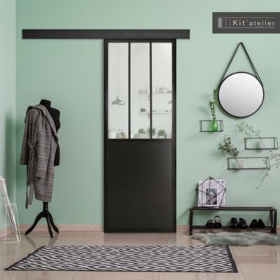 Porte seule en MDF, 3 carreaux vitrés transparents, coloris noir mat H.204 x l.83cm