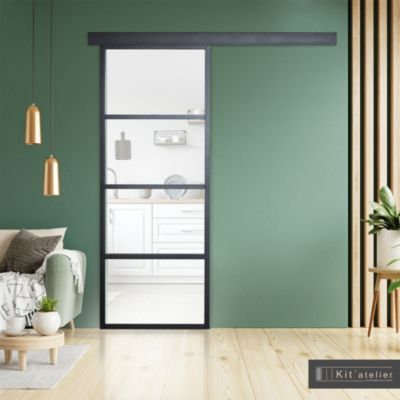 Porte seule Loft 4 carreaux vitrés transparents, coloris noir mat H.204 x l.83cm