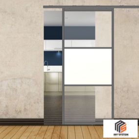 Porte simple coulissante droite H 2088 x L 967 mm - 3 verres horizontaux -  mixte 2 clairs + 1 opale - gris