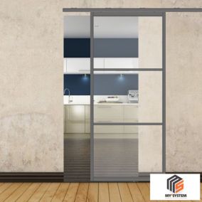 Porte simple coulissante droite H 2088 x L 967 mm - 3 verres horizontaux - trempé 6 mm clair - gris