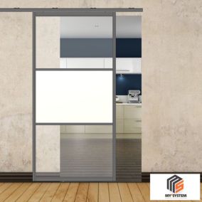 Porte simple coulissante gauche H 2088 x L 1067 mm - 3 verres horizontaux -  mixte 2 clairs + 1 opale - gris