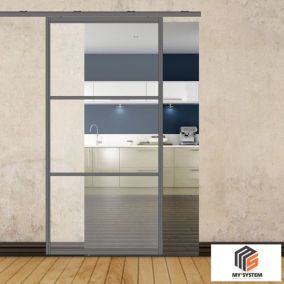 Porte simple coulissante gauche H 2088 x L 1067 mm - 3 verres horizontaux - trempé 6 mm clair - gris
