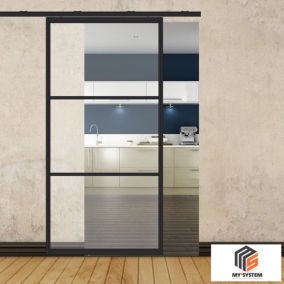 Porte simple coulissante gauche H 2088 x L 1067 mm - 3 verres horizontaux - trempé 6 mm clair - noir
