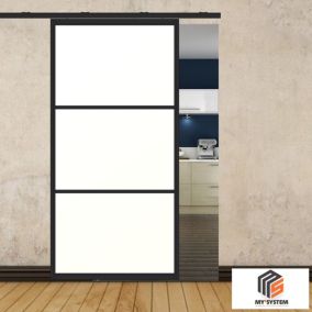 Porte simple coulissante gauche H 2088 x L 1067 mm - 3 verres horizontaux - trempé 6 mm opale - noir