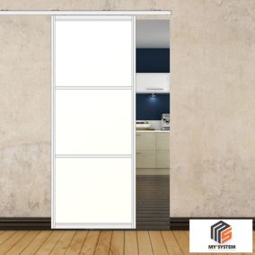 Porte simple coulissante gauche H 2088 x L 867 mm - 3 verres horizontaux - trempé 6 mm opale - blanc